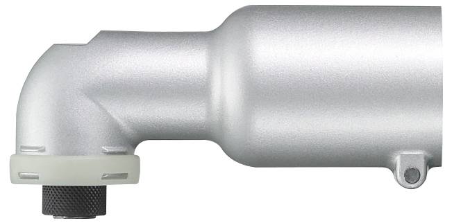 Ein silberfarbiges, L-förmiges Metallteil mit geriffeltem Ende und Plastikring, möglicherweise Teil eines Maschinen- oder Fahrzeugteils.