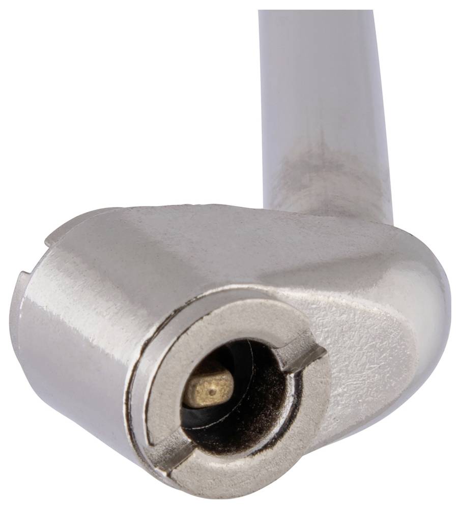 Eine Nahaufnahme eines metallischen Ventilsteckers mit einer runden Öffnung, die einen Teil des angeschlossenen Rohrs zeigt.
