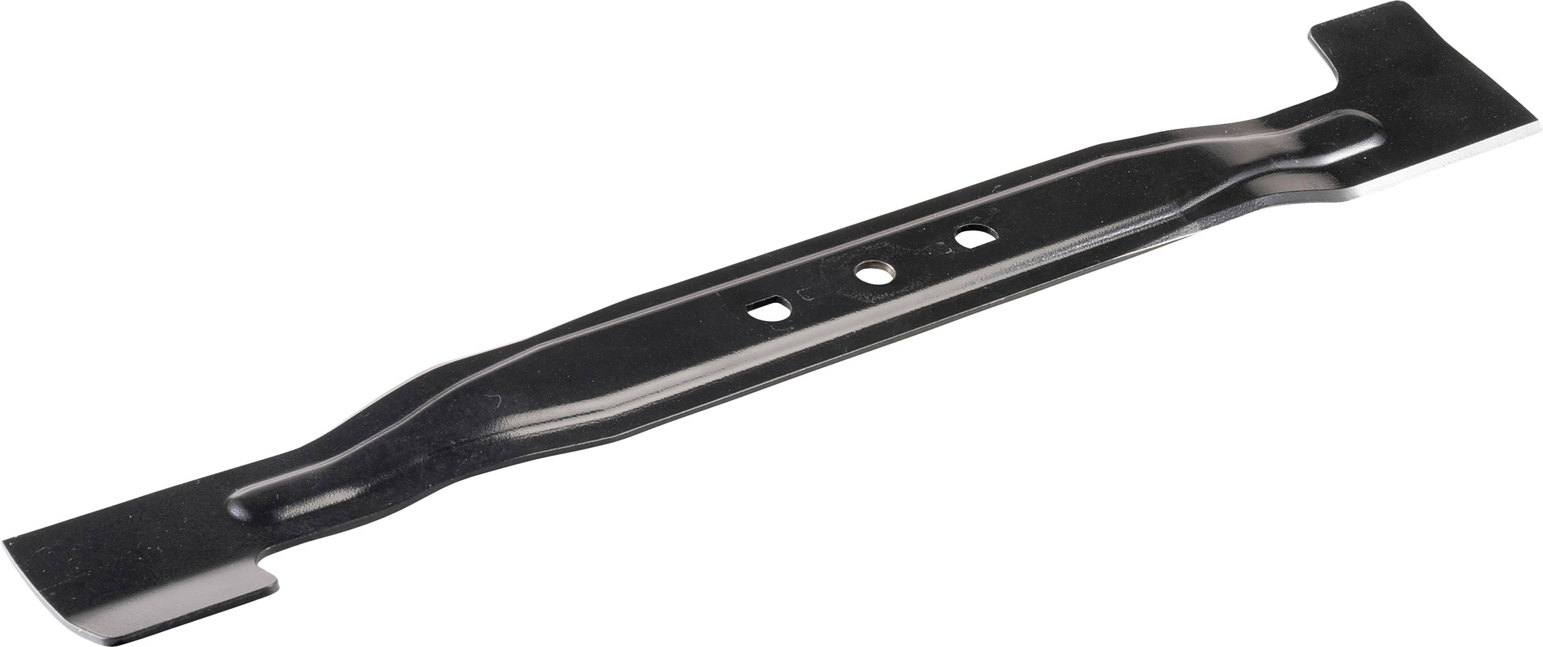 Rasenmähermesser aus Metall, schwarz lackiert, mit symmetrischem Design und mehreren Befestigungslöchern in der Mitte.