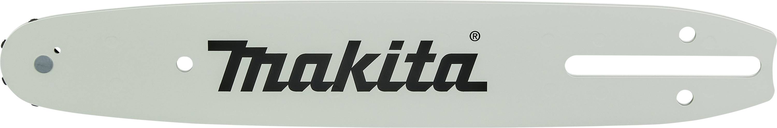 Kettensägen-Schwert mit 'Makita'-Logo, rechteckiger Schlitz rechts, runde Öffnungen links.