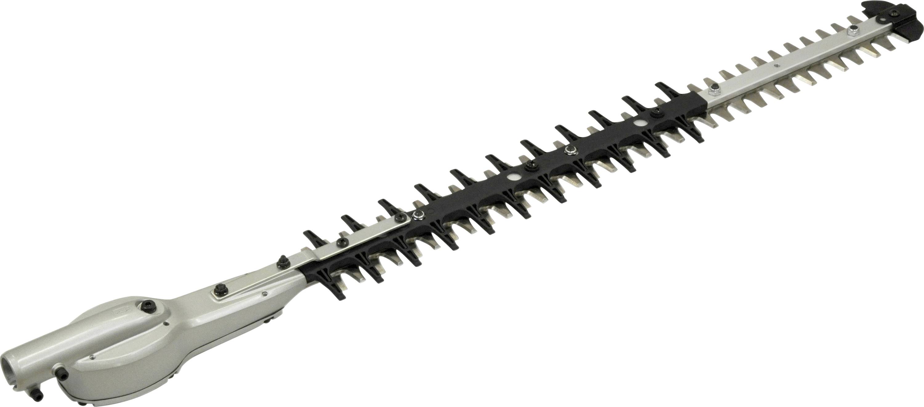 Ein Schnittmesser einer elektrischen Heckenschere mit einer langen, doppelseitigen Klinge, geeignet für präzises Trimmen von Hecken.