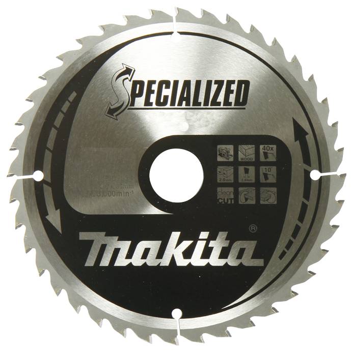 Sägeblatt mit der Aufschrift Specialized und dem Markennamen Makita. Grafiken und Symbole zu Geschwindigkeit, Material und Schneidfähigkeit.