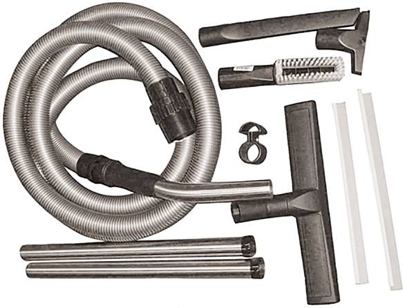 Staubsaugerzubehör-Set mit Saugschlauch, Metallrohren, Bodendüse, Bürstenaufsätz, und Adapter. Ideal zur Reinigung verschiedener Oberflächen.