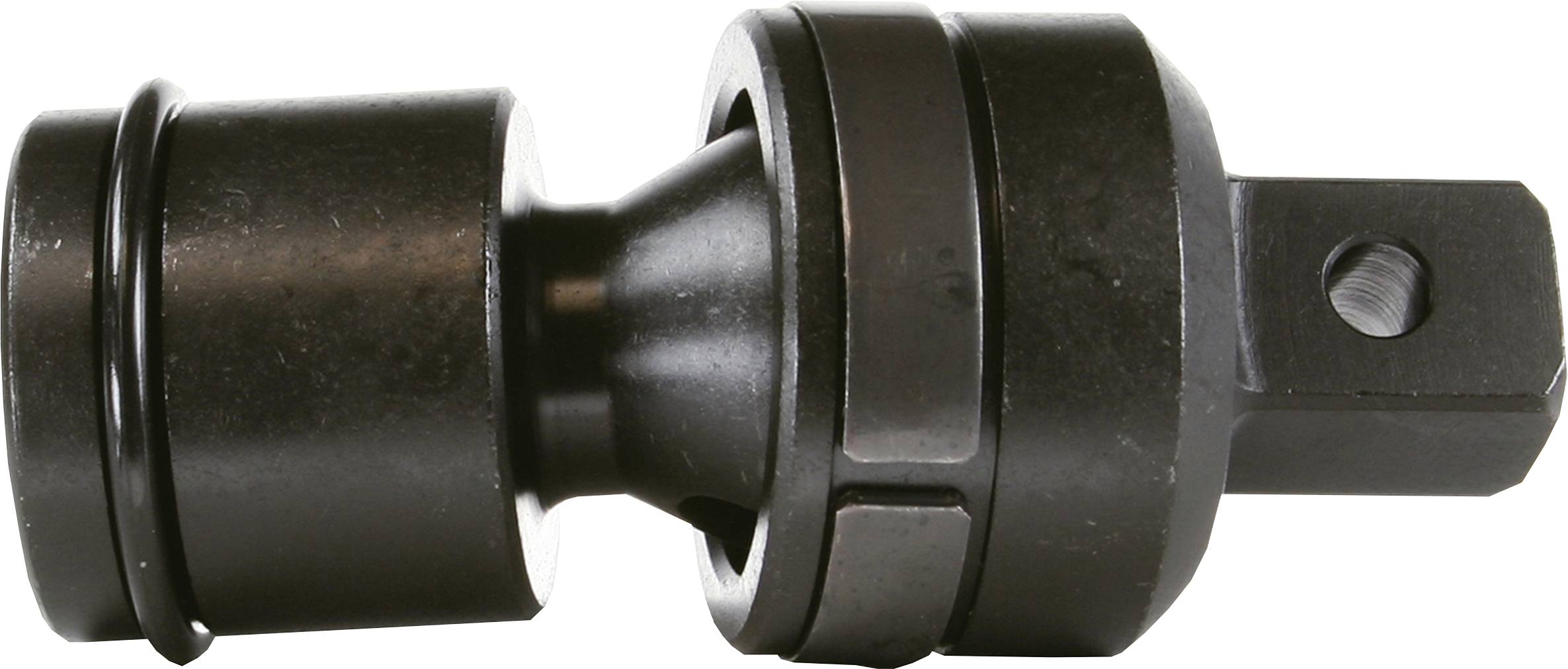 Ein schwarzes Werkzeugteil, wahrscheinlich ein Adapter für Mechaniker, zeigt eine zylindrische Form mit Verbindungs- und Befestigungselementen.