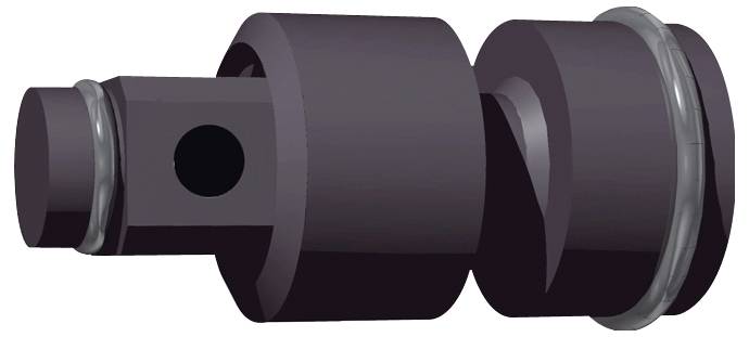 Eine schwarze mechanische Nockenwelle mit zwei hervorstehenden Nocken und Bohrungen.