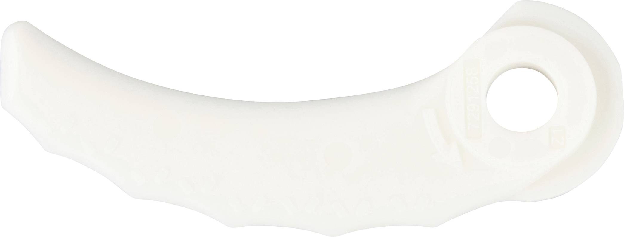 Ein weißes Kunststoffteil mit geschwungener Form und einem runden Loch am rechten Ende.