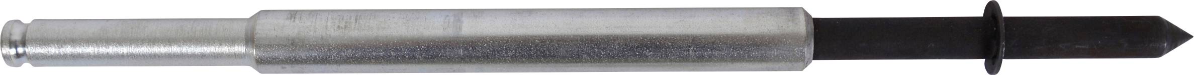 Ein zylindrisches Metallteil mit einem Gewinde an einem Ende und einer flachen Spitze am anderen, das möglicherweise ein Werkzeug ist.