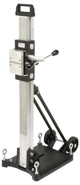 Bohraufsatz mit langem Aluminiumständer, Kurbel und Rollen, geeignet für Maschinenbauprojekte.