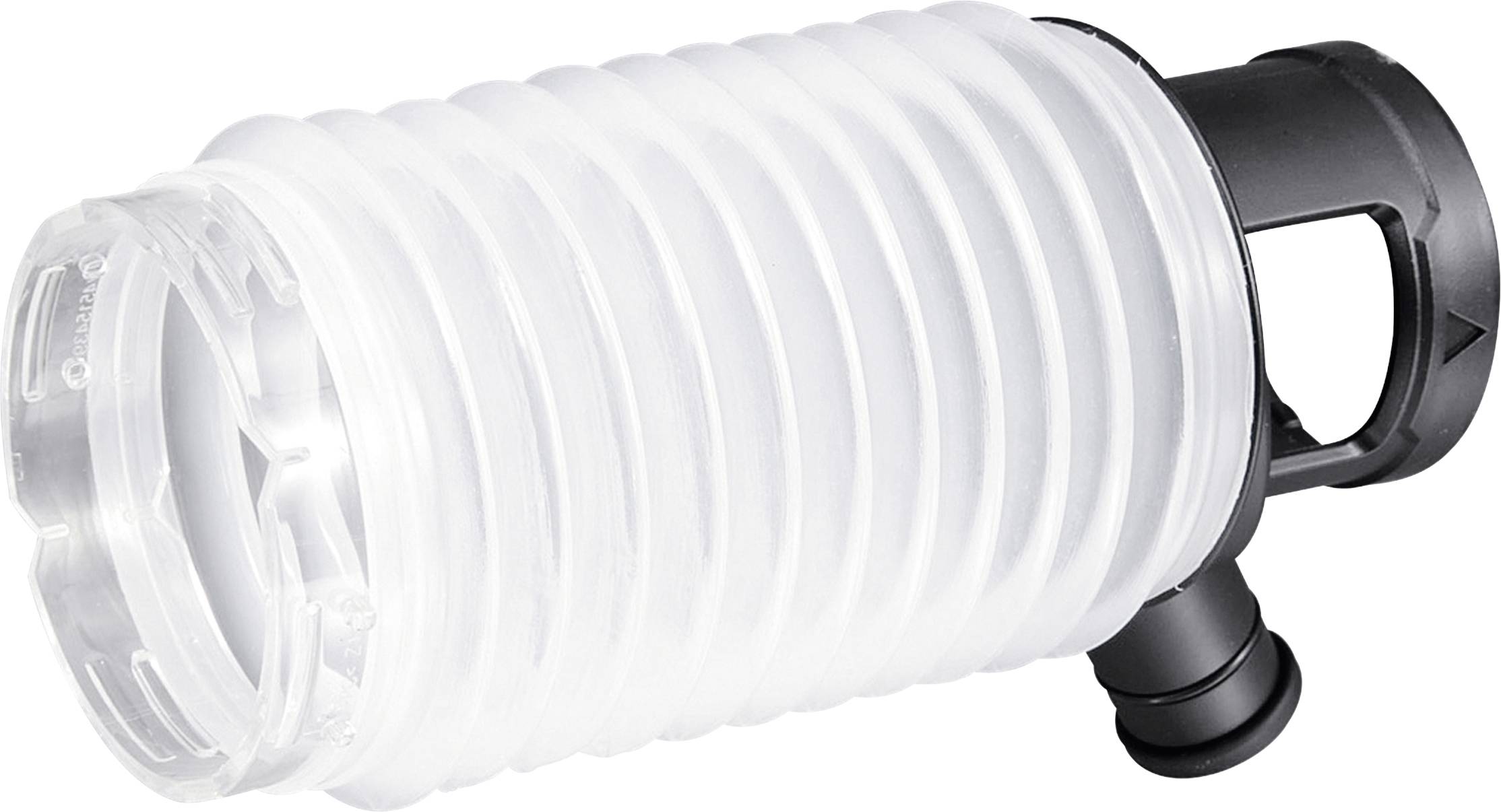 Eine durchsichtige, gerippte Plastikflasche mit schwarzem Verschluss liegt schräg. Die Flasche hat gerippte Seiten für besseren Halt.