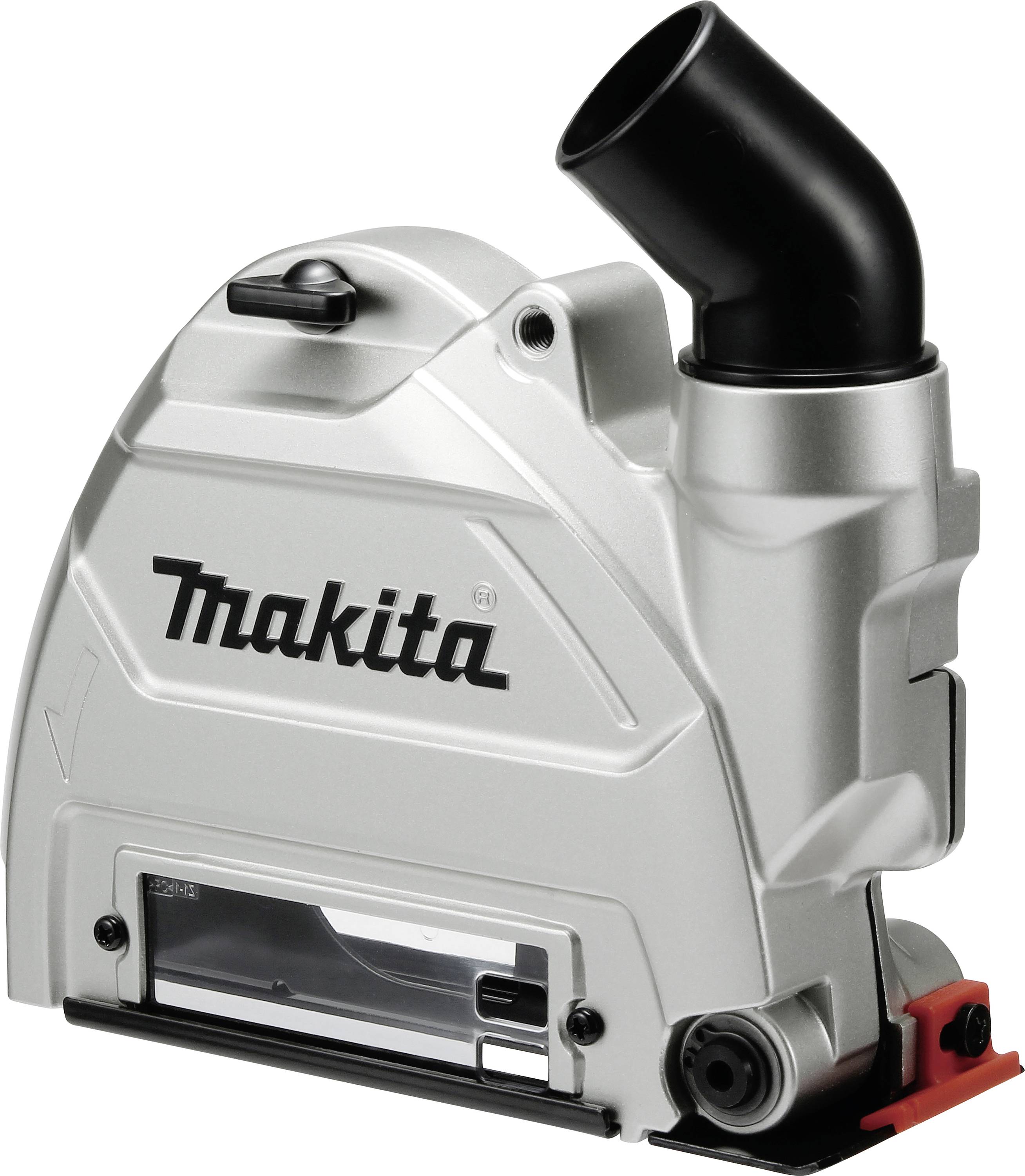 Eine silberne, kompakte Staubabsaugungseinheit von Makita mit schwarzem Auslass, passend für Elektrowerkzeuge zur sauberen Bearbeitung.