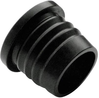 Ein schwarzes, geripptes Kunststoffbauteil mit konischer Form, seitlich betrachtet.