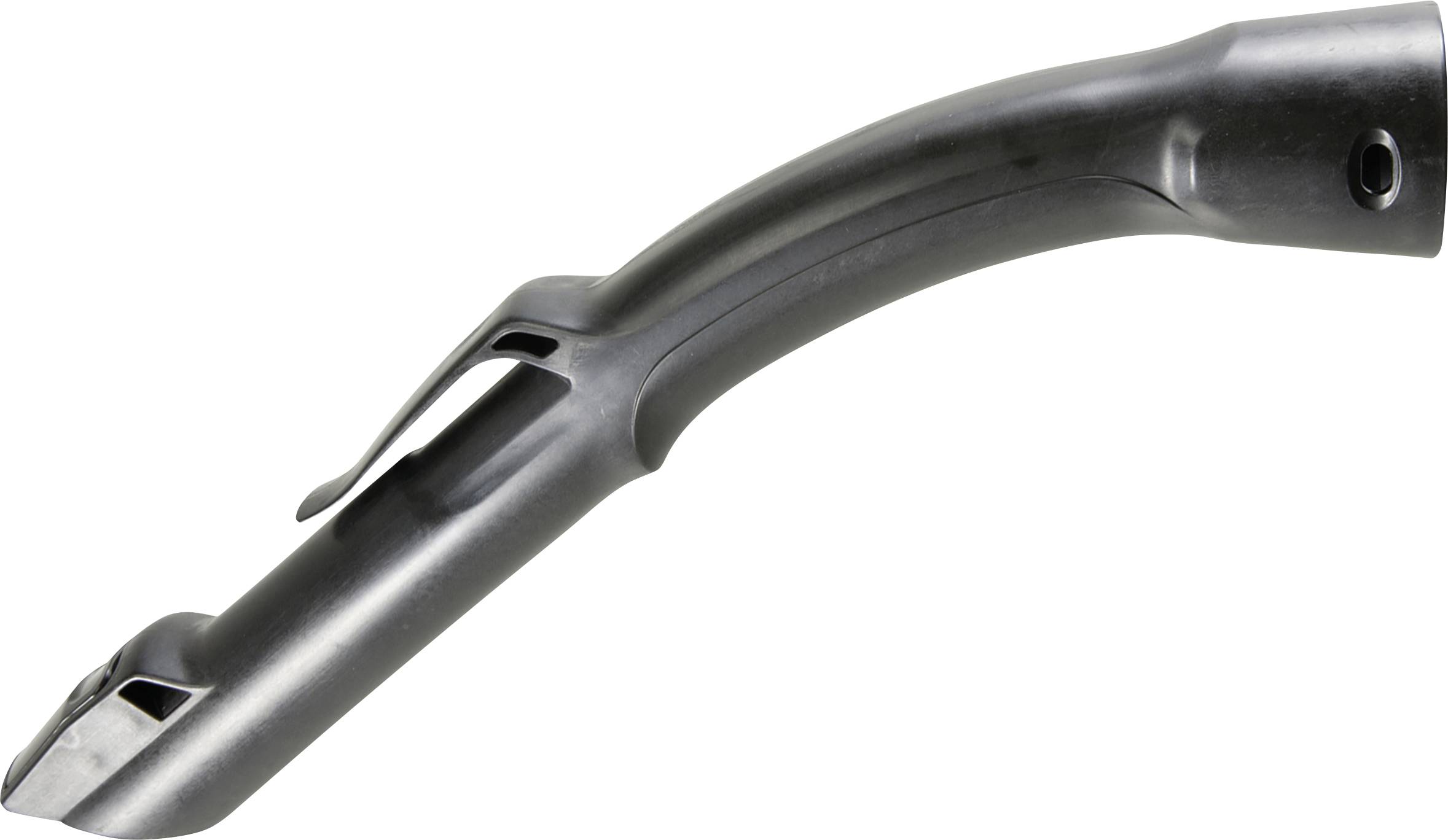 Ein schwarzer Plastikgriff von einem Haushaltsgerät, stark gebogen mit einer runden Öffnung an der rechten Seite.