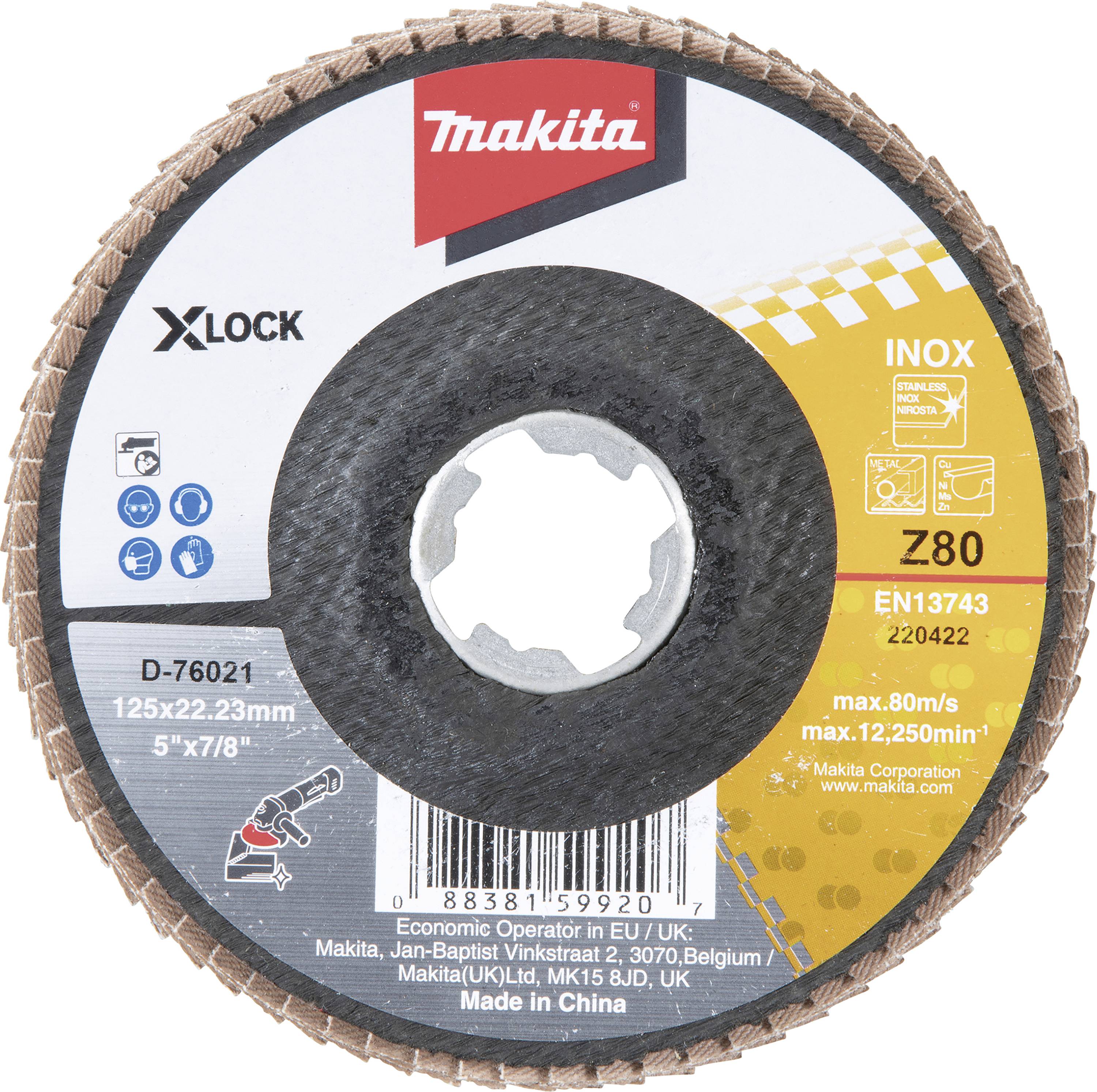 Ein Winkelschleifscheibe mit einer Größe von 125x22,23 mm, geeignet für INOX, max. 80m/s, 12.250 U/min. Hergestellt in China.