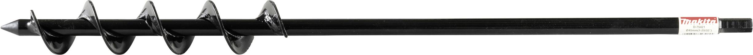 Ein schwarzer Erdbohrer mit mehreren spiralförmigen Klingen zur Bodenbearbeitung.