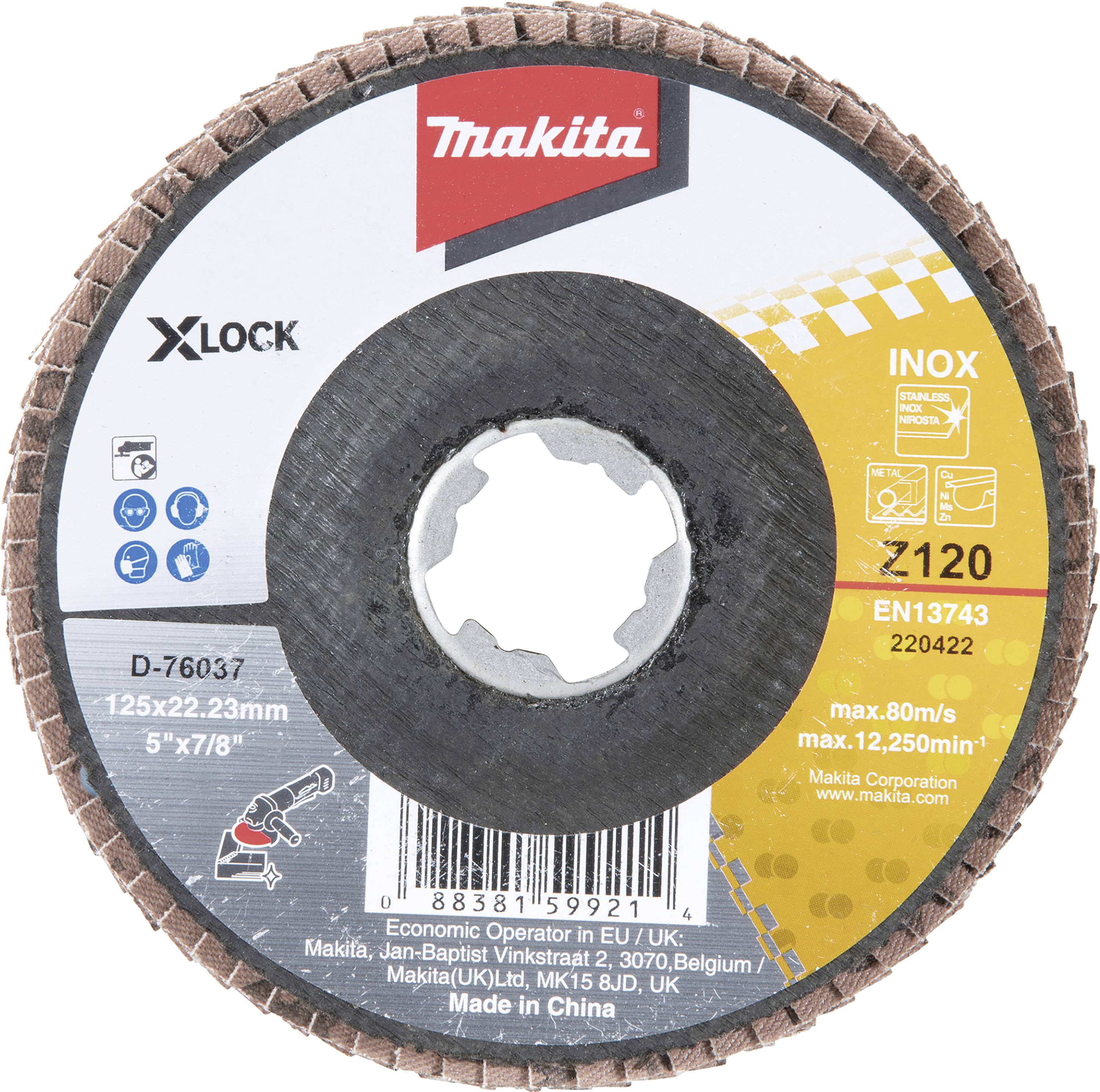 Schleifscheibe von Makita, Modell XLOCK INOX, Körnung 120, Durchmesser 125 mm, hergestellt in China für Europa- und UK-Markt.