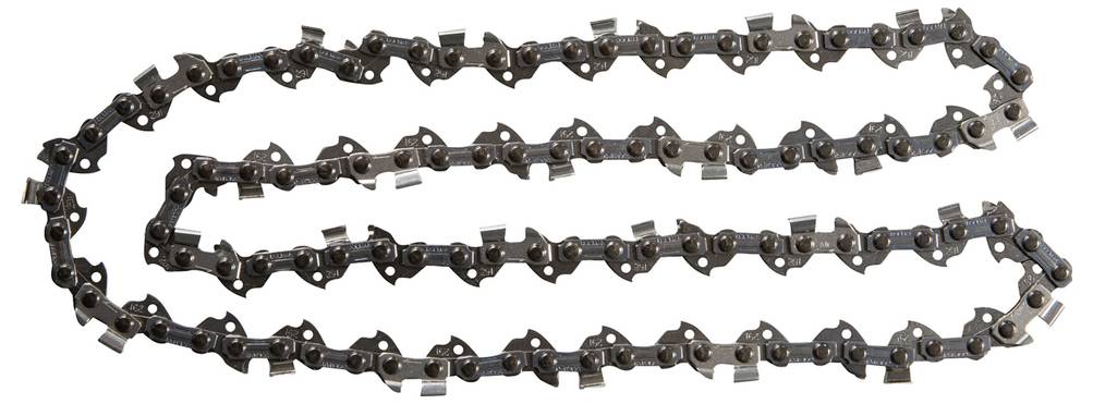 Ein Metallsägeblatt einer Kettensäge, flach ausgebreitet, mit scharfen, gleichmäßig verteilten Zähnen, die zum Durchschneiden von Holz oder anderen Materialien ausgelegt sind.