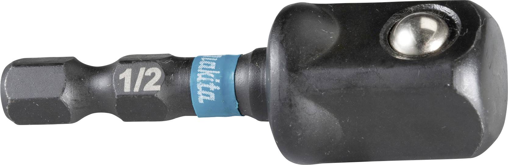 Schwarzer Stecknussadapter mit blauem Ring und der Aufschrift 1/2.