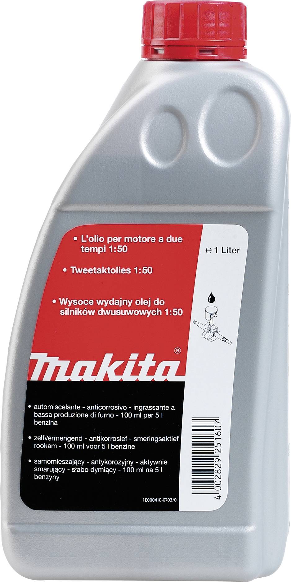 Flasche Makita Zweitaktöl, 1 Liter, Mischungsverhältnis 1:50, graue Flasche mit rotem Deckel, mehrsprachige Etikettierung.