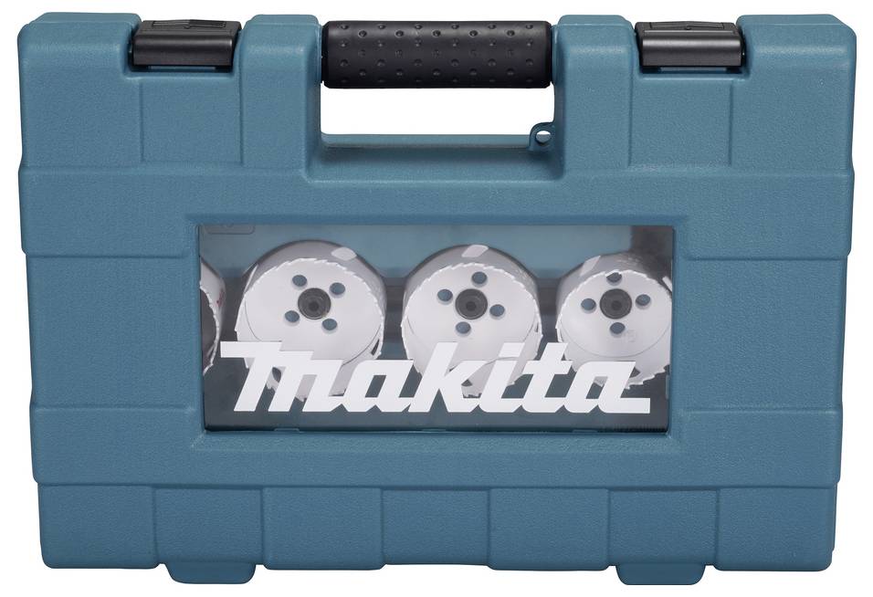 Ein türkisfarbener Makita-Werkzeugkasten mit transparenter Plexiglasplatte, in dem Kreissägeblätter sichtbar sind.