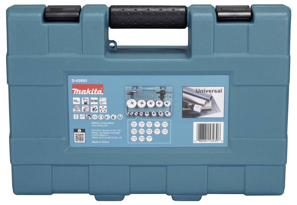 Ein türkisfarbenener Makita-Werkzeugkoffer mit der Aufschrift „Universal
