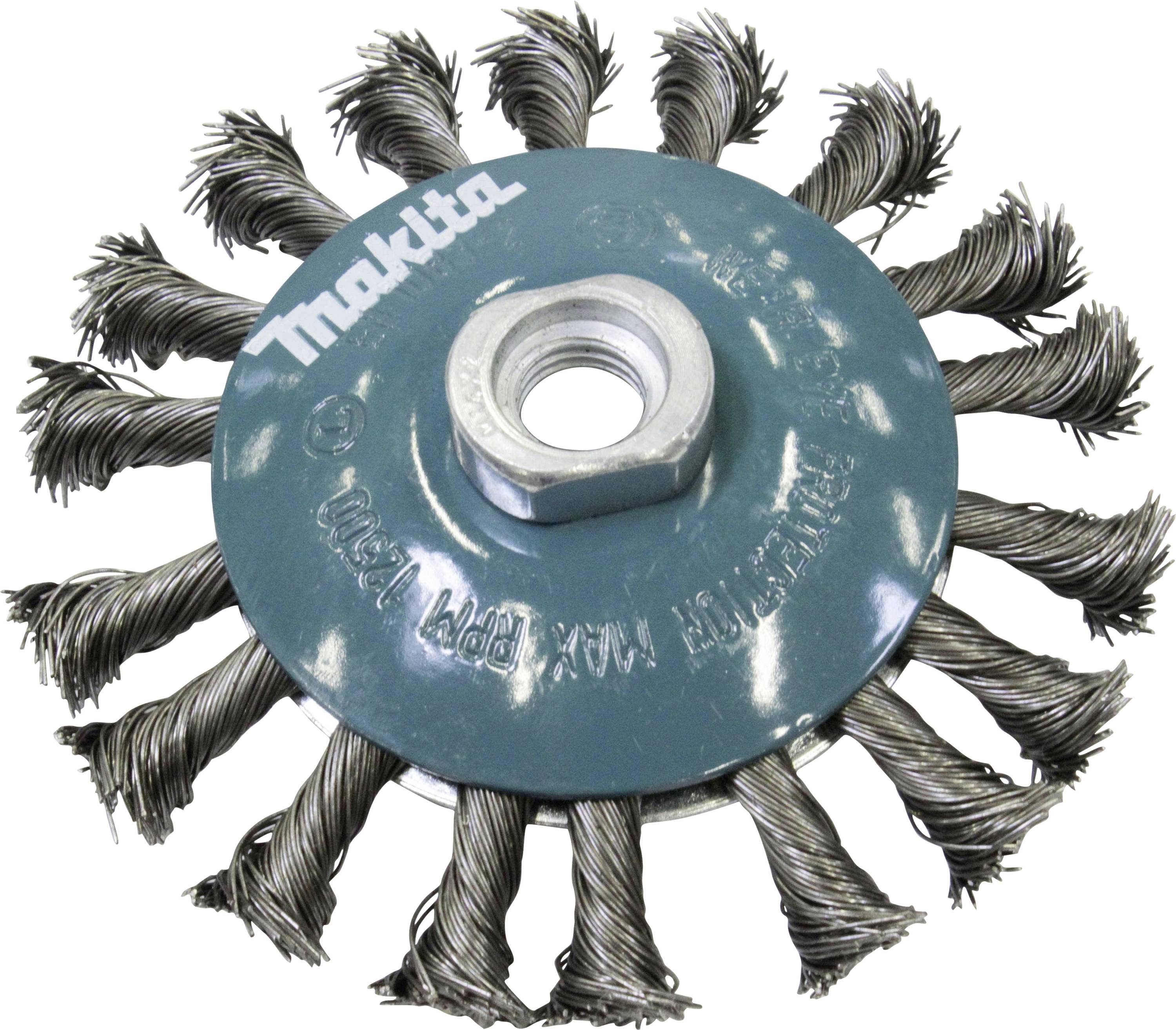 'Makita' Stahldrahtbürste mit zwölf Spiralsegmenten und Metallnabe, geeignet für Rostentfernung und Oberflächenreinigung.