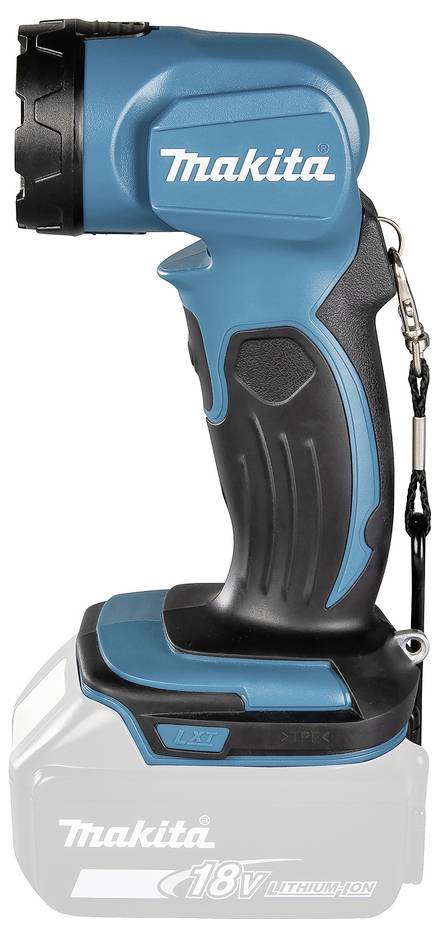 Eine blaue und schwarze Makita Akku-Taschenlampe mit einem 18V Lithium-Ionen-Akku.