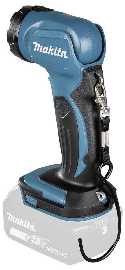 Eine blaue und schwarze Makita Akku-Taschenlampe mit einer 18V-Batterie, ausgestattet mit einem verstellbaren Kopf und einer Metallklemme.