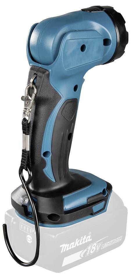 Eine blaue und schwarze kabellose LED-Taschenlampe mit schwenkbarem Kopf und großem Griff, die für den Einsatz mit einem 18V-Lithium-Ionen-Akku entwickelt wurde.