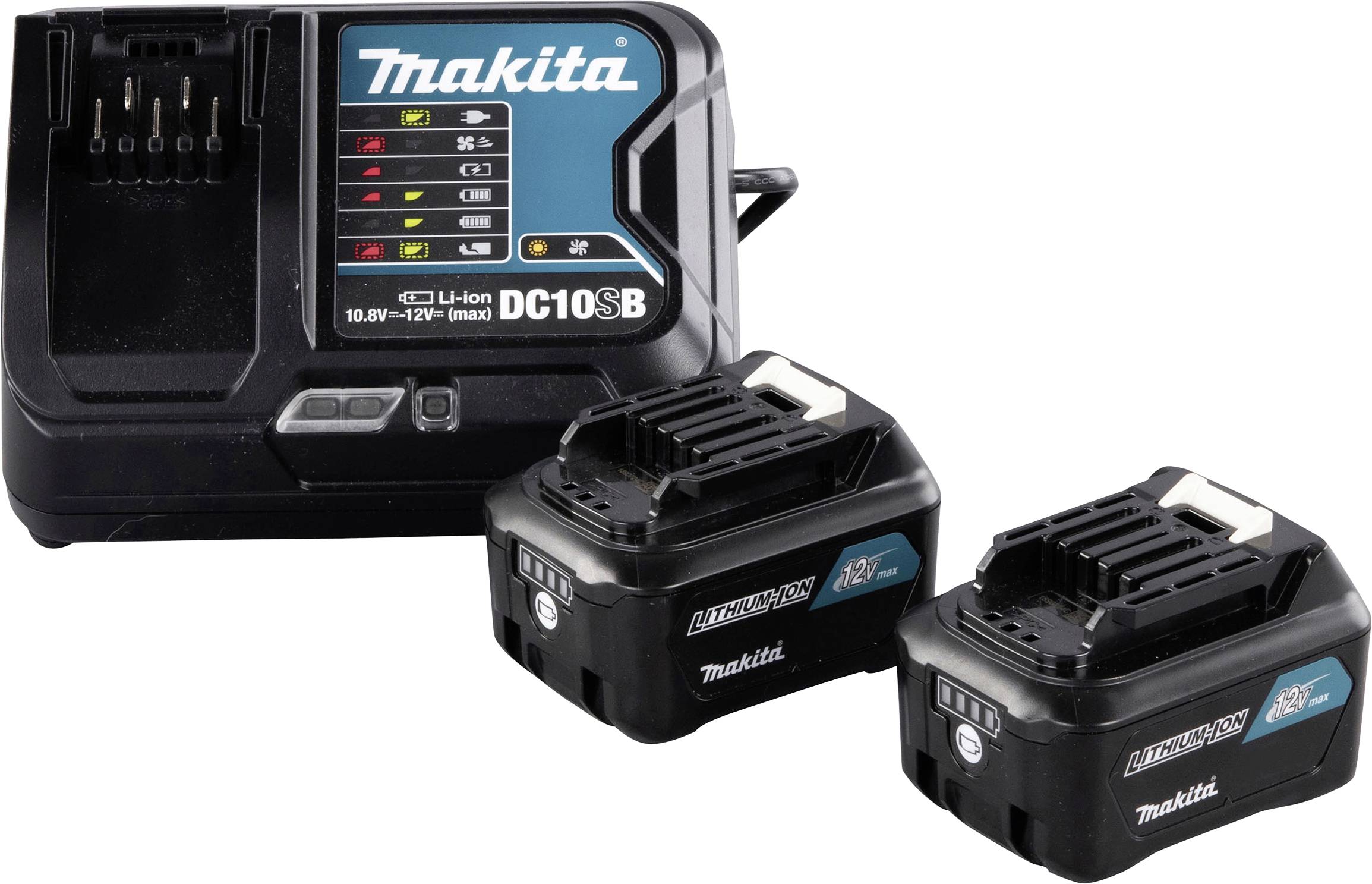 Akkuladegerät der Marke Makita mit zwei passenden Lithium-Ionen-Akkus, Modell DC10SB, für 10,8V-12V Werkzeuge mit LED-Anzeige.