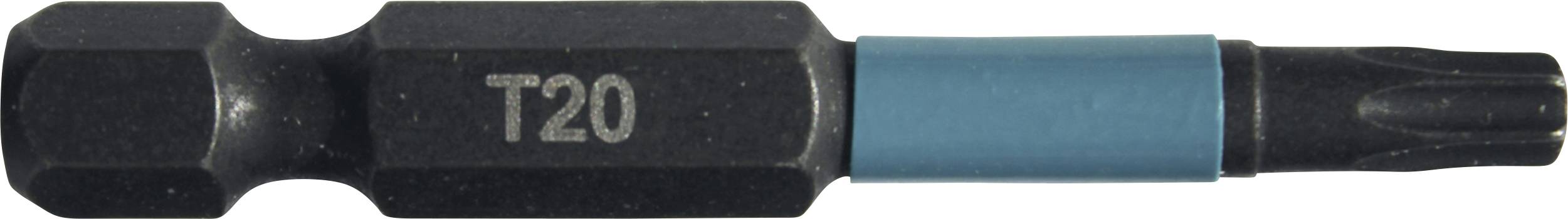 Ein Torx-Schraubendreherbit mit der Aufschrift 'T20', auf einem kurzen, schwarzen Schaft mit blauer Ringmarkierung.
