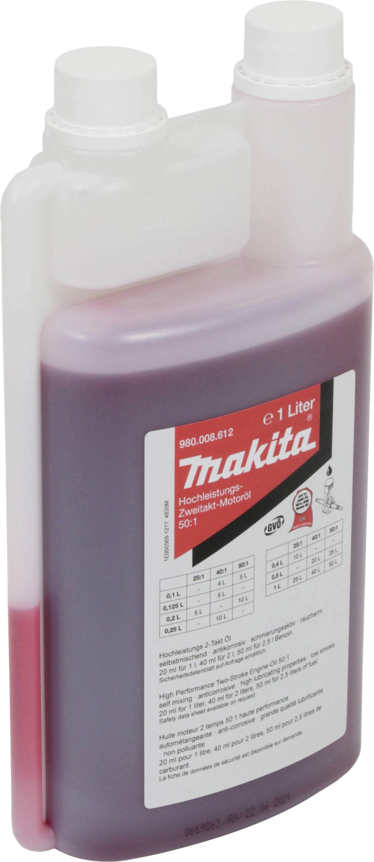 Eine rote Flasche mit Etikett 'Makita 1 Liter Hochleistungsmotoröl 2-Takt', mit Dosierfunktion und Produktinformationen.