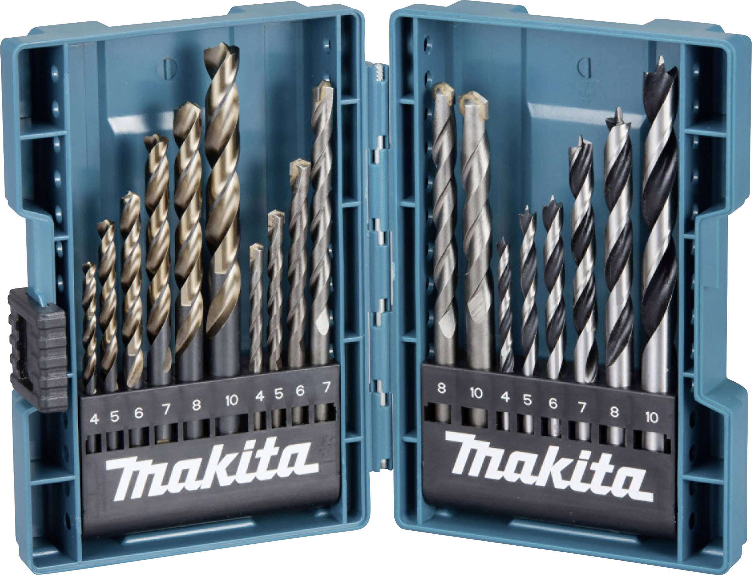 Ein geöffnetes Bohrer-Set in einer blauen Box, bestehend aus verschiedenen Größen und Typen, mit 'Makita'-Logo auf beiden Abdeckungen.