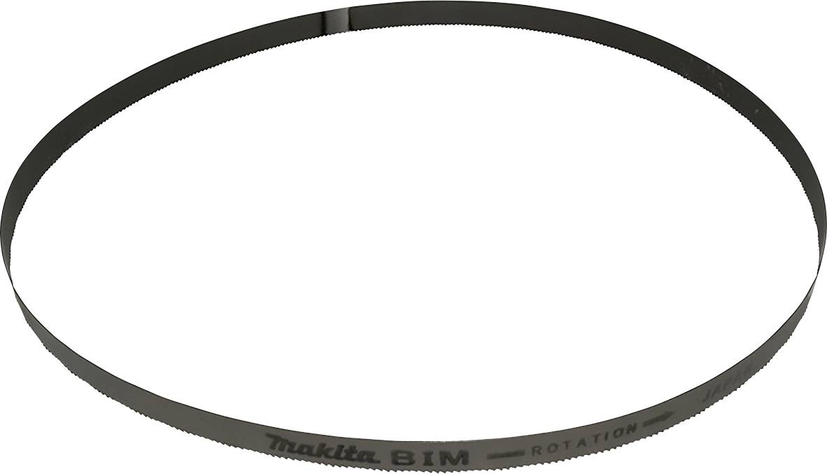 Ein sägezahnförmiges Sägeblatt in Form eines Ovals, markiert mit 'Makita BIM' und 'Rotation'.