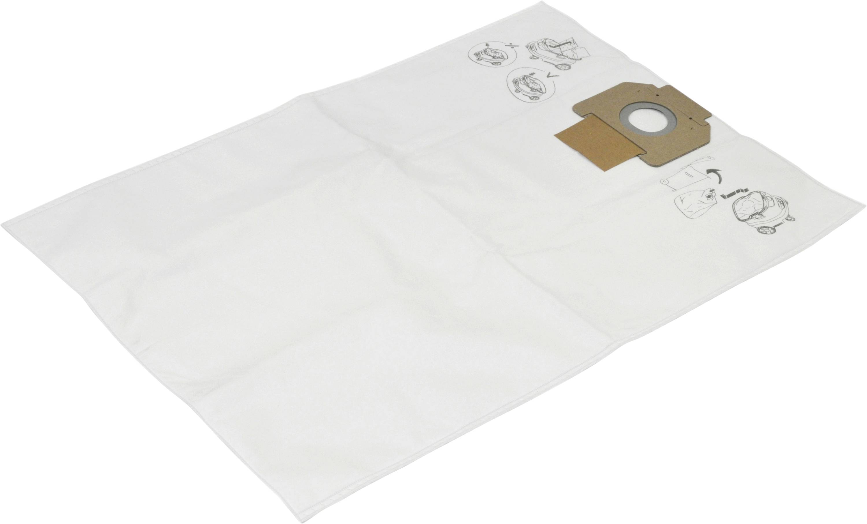 Staubsaugerbeutel auf weißem Hintergrund, mit Zeichnungen zur Installation oben rechts. Wichtiger Haushaltsartikel für Staubsauger.