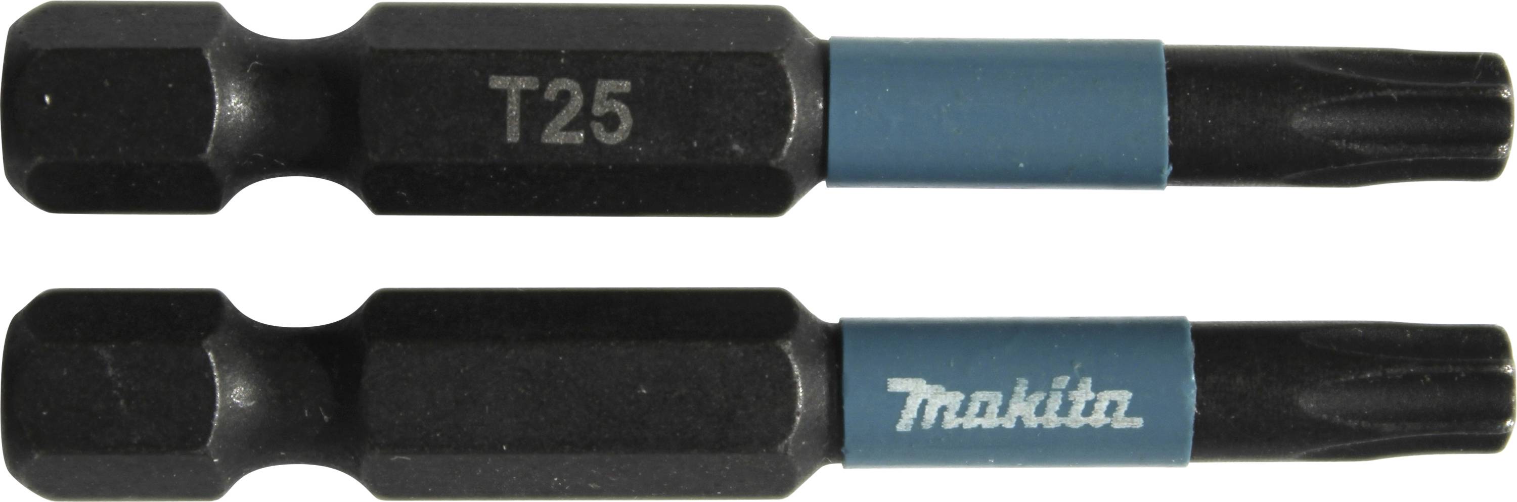 Zwei schwarze Torx-Bits der Größe T25 mit blauer Markierung und dem Schriftzug 'Makita'.