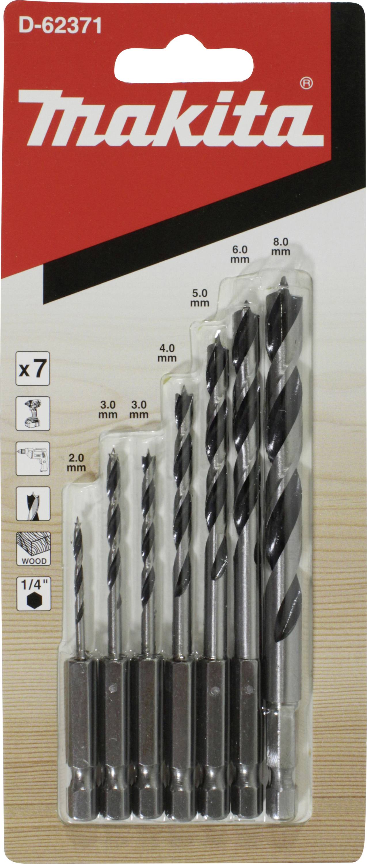 Bohrerset mit sieben Stücken in verschiedenen Größen von 2,0 mm bis 8,0 mm, verpackt in roter Makita-Verpackung.