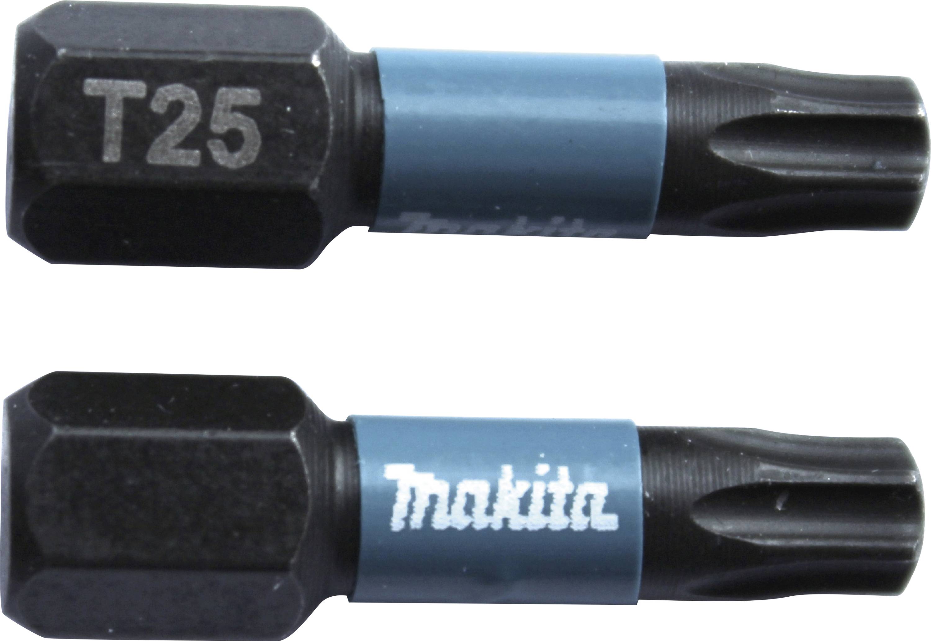 Zwei schwarze Bits mit blauen Akzenten und der Aufschrift 'T25' und 'Makita', die für Schraubarbeiten verwendet werden.