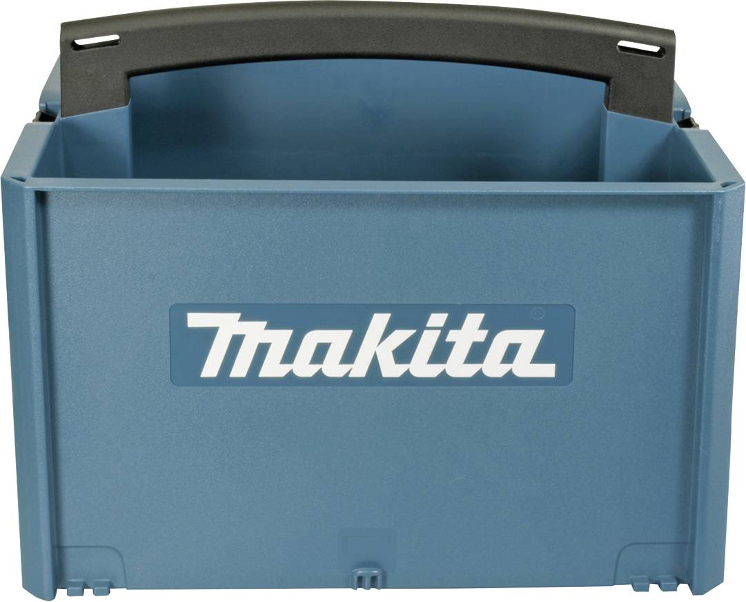 Blauer Makita-Werkzeugkoffer mit schwarzem Griff, geeignet zur Aufbewahrung und Transport von Werkzeugen.