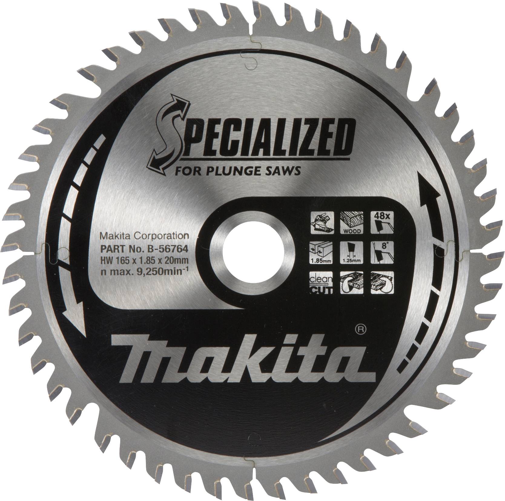 Kreissägeblatt von Makita, spezialisiert auf Tauchsägen, 165 mm Durchmesser, max. 9.250 U/min, diverse Symbole zur Nutzung.