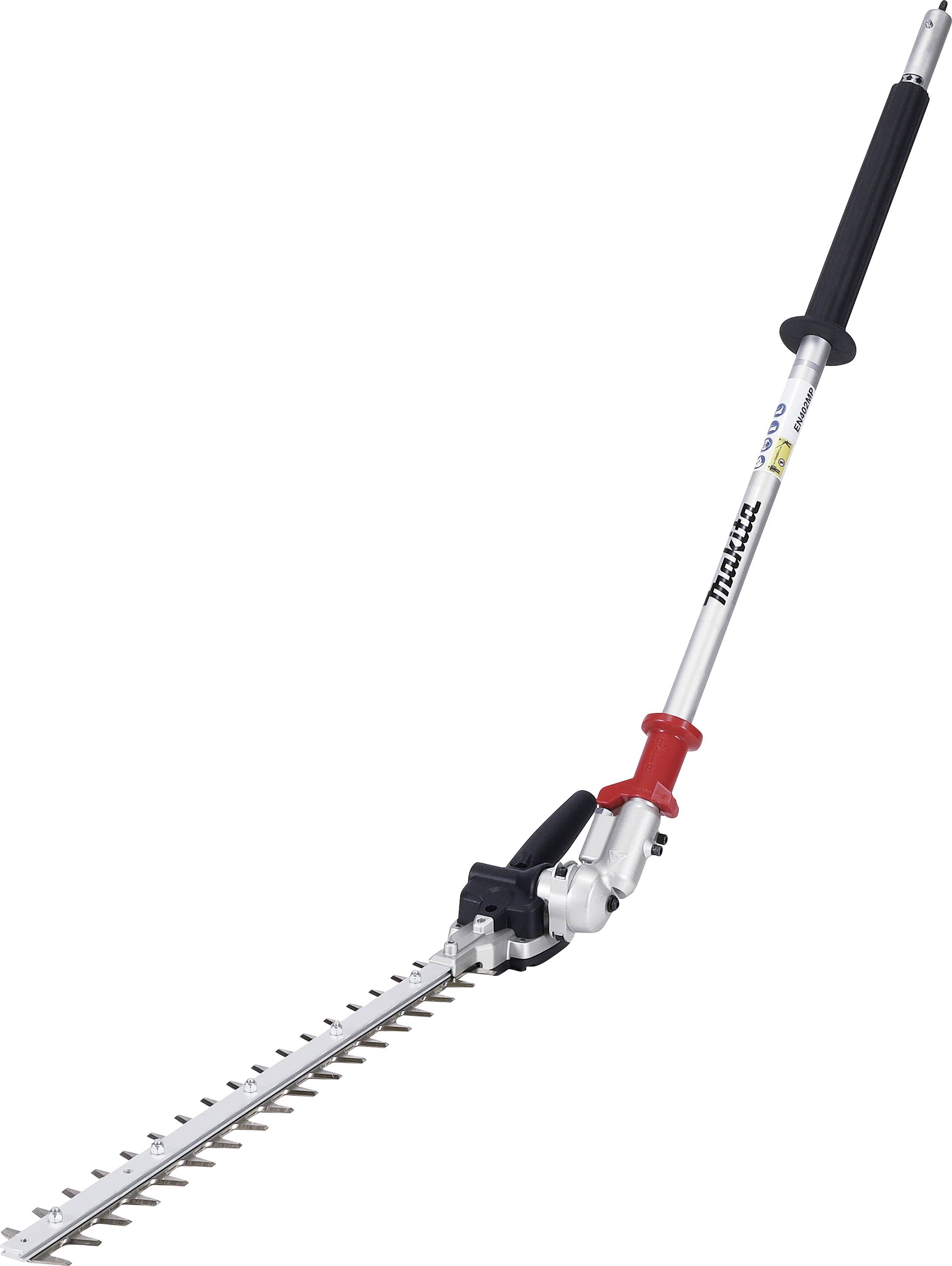 Eine silberne elektrische Heckenschere mit einem langen Griff, geeignet zum Trimmen hoher oder schwer zugänglicher Hecken.