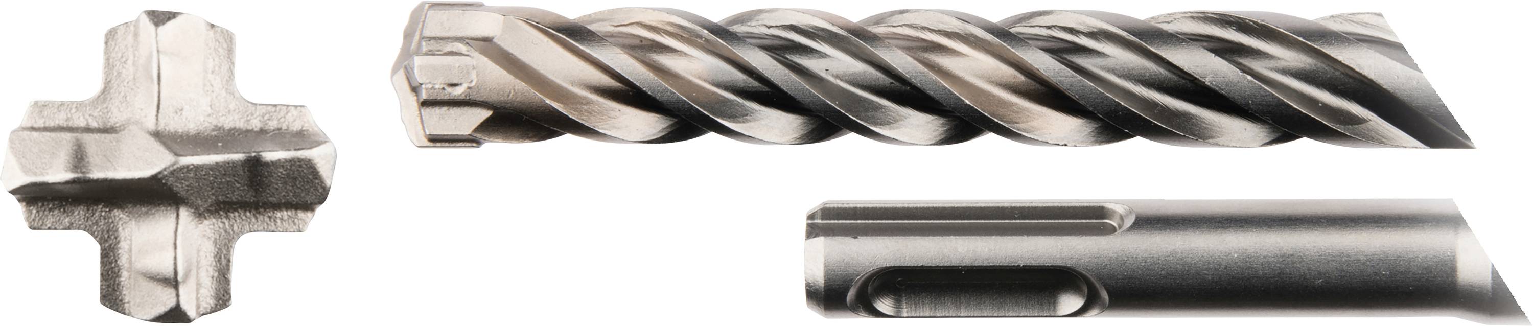 Ein Bohrer mit spiraligen Rillen und gekreuzter Spitze, zeigt Details des Bohrkopfes und Schaftes von verschiedenen Perspektiven.