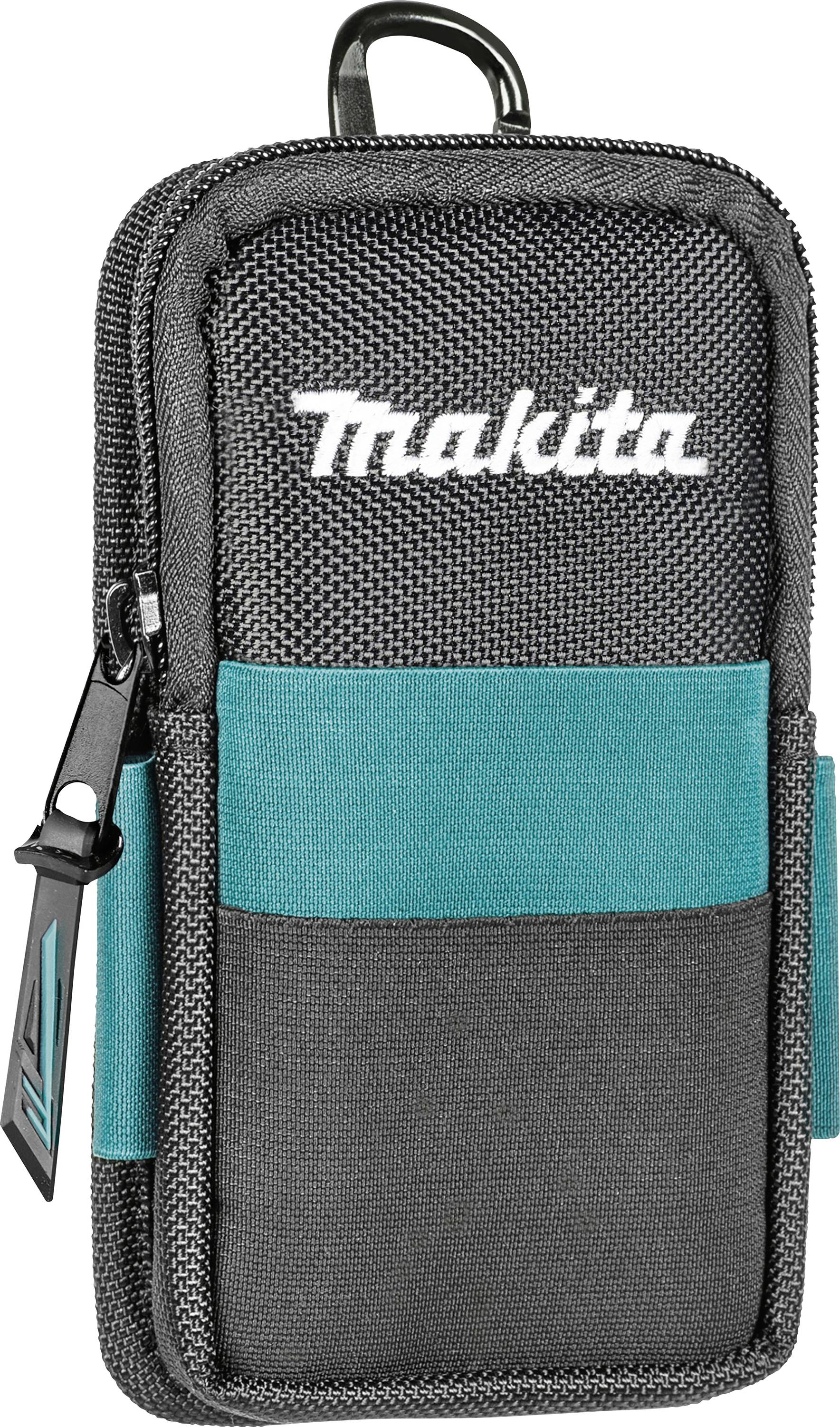 Eine schwarze und türkise Werkzeugtasche mit dem weißen Logo 'Makita' auf der Vorderseite, Reißverschluss und Gurtbefestigung.
