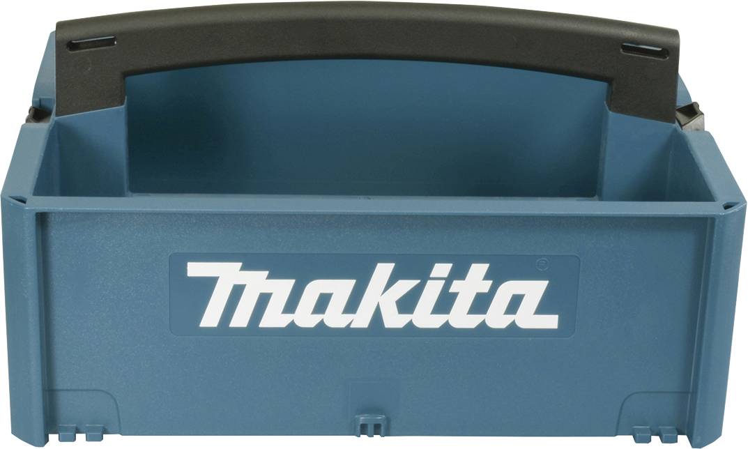 Kunststoff-Werkzeugkiste in Blau mit schwarzem Griff, Aufschrift 'Makita' auf der Vorderseite.