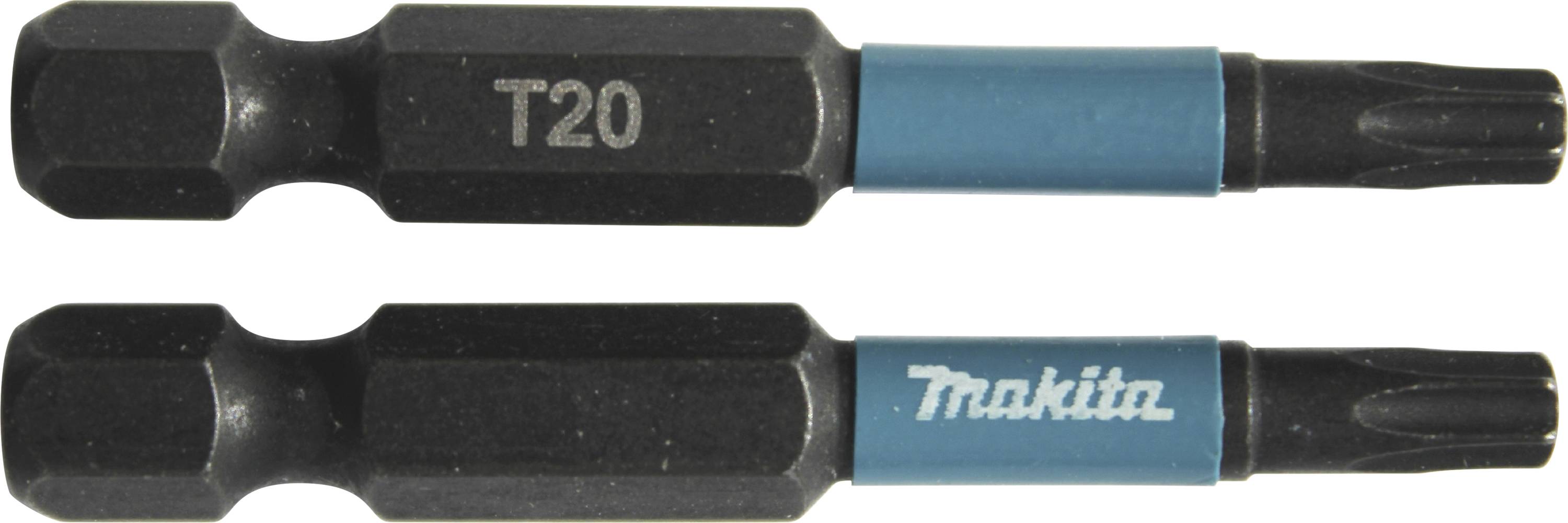 Zwei Makita T20 Torx-Bits, schwarz mit blauem Ring, für Schraubendreher oder Bohrmaschinen.