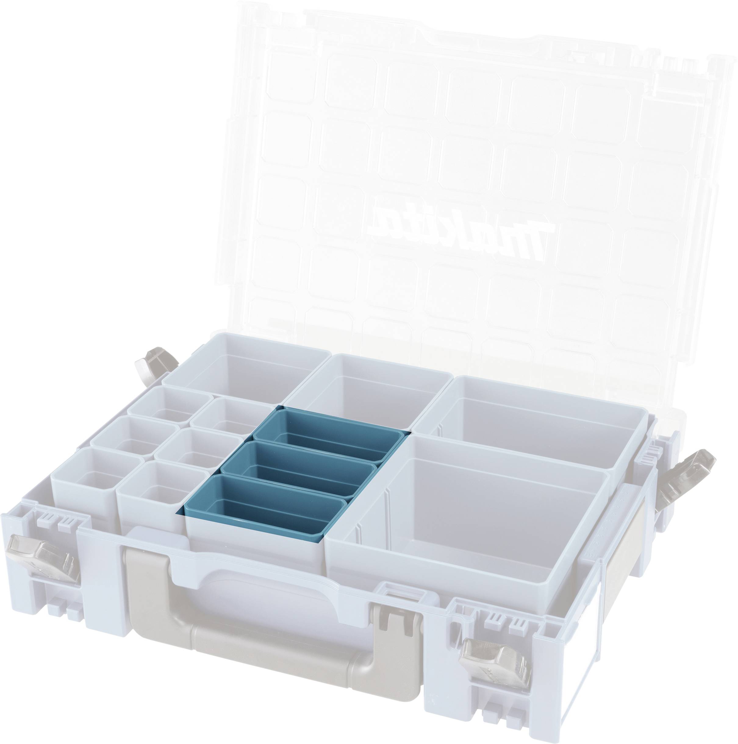 Ein geöffneter transparenter Kunststoff-Aufbewahrungsbehälter mit mehreren Fächern unterschiedlicher Größe, teilweise blau.