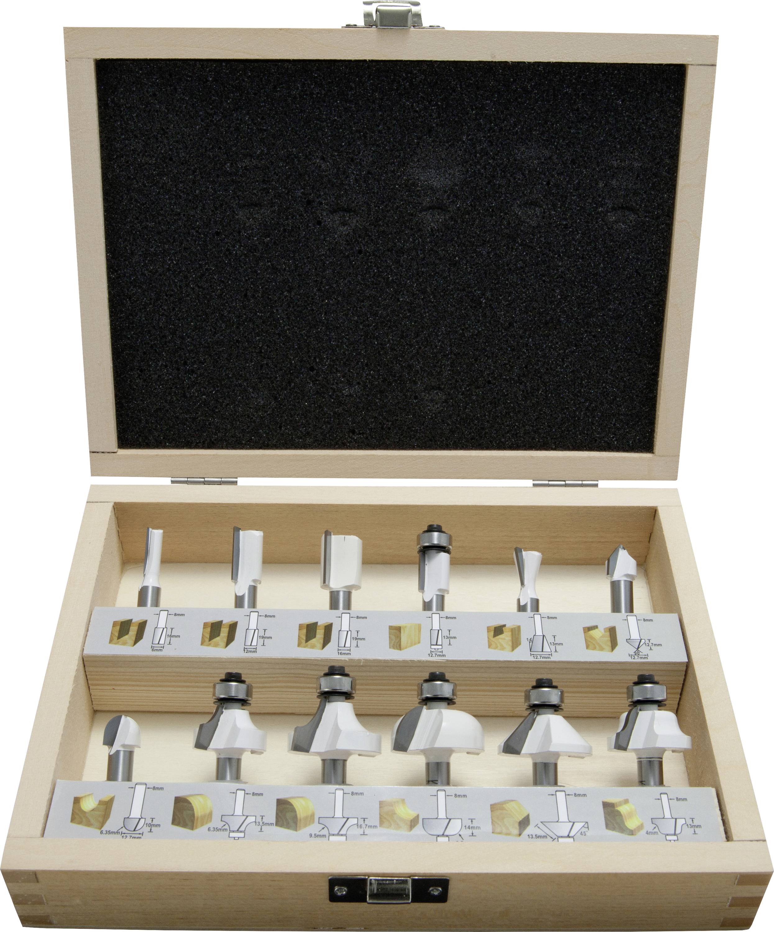 Holzkiste mit geöffnetem Deckel. Innen befinden sich mehrere Bohrer in verschiedenen Größen und Formen, geordnet in zwei Reihen.