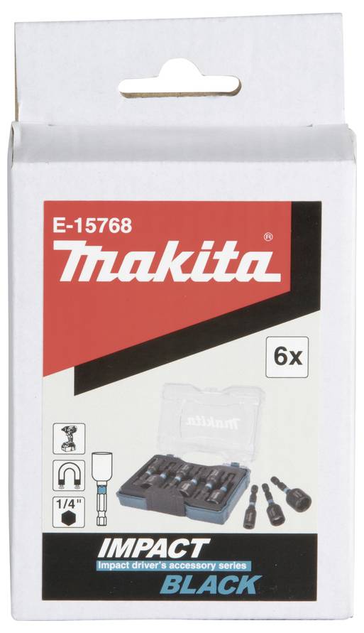 Makita Schlagschrauber-Bits-Set, 6 Stück, in einer Box mit Logo dargestellt. Enthält Bilder der Bits und Details wie Größe und Typ.