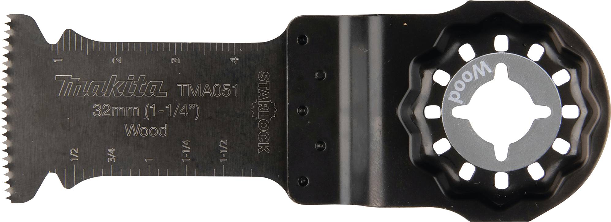 Makita Sägeblatt für Holz mit Starlock-Aufnahme, 32 mm, zeigt Maßeinteilung und Zahnung auf der Klinge.