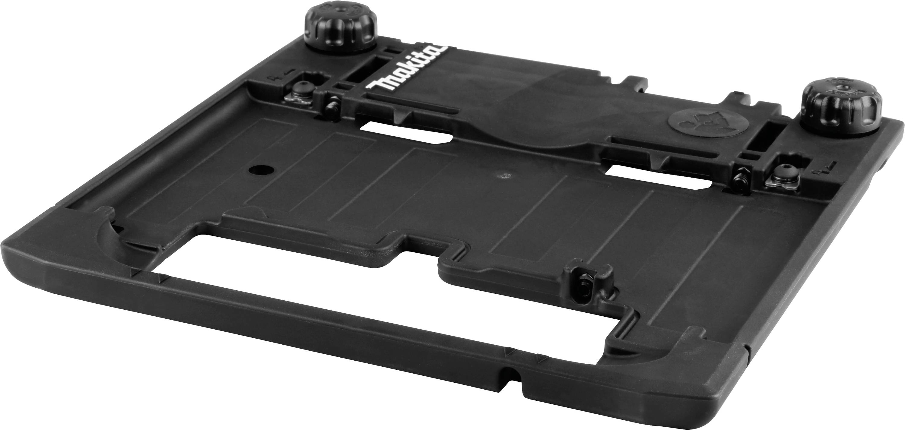 Schwarze, flache Kunststoffplatte mit zwei Rädern oben, die den Transport erleichtern. Ein 'Makita'-Logo befindet sich auf der Platte.