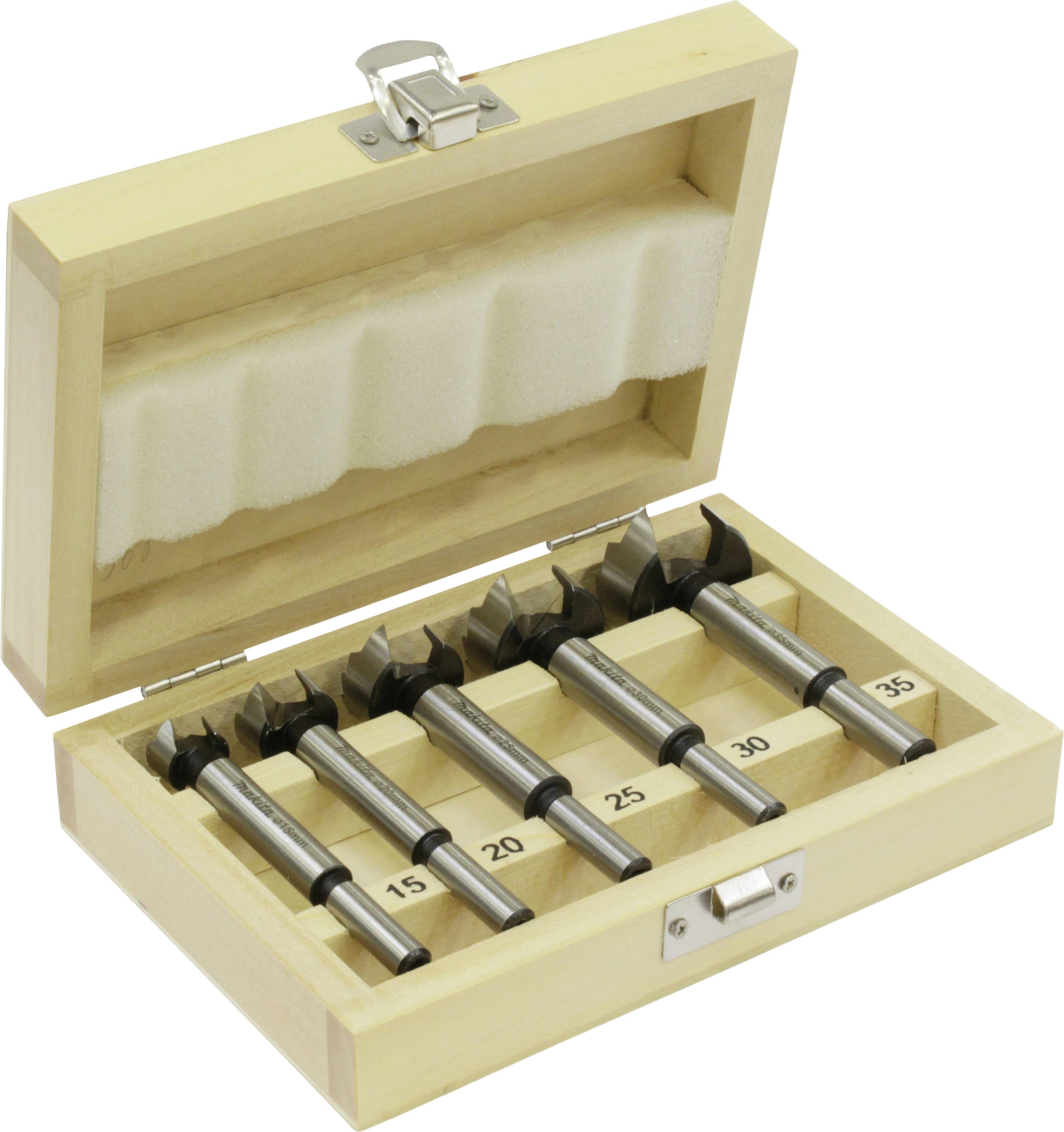 Holzkasten mit fünf Forstnerbohrern verschiedener Größen (15 bis 35 mm), aufgereiht auf Schaumstoff, in einer offenen Verpackung.